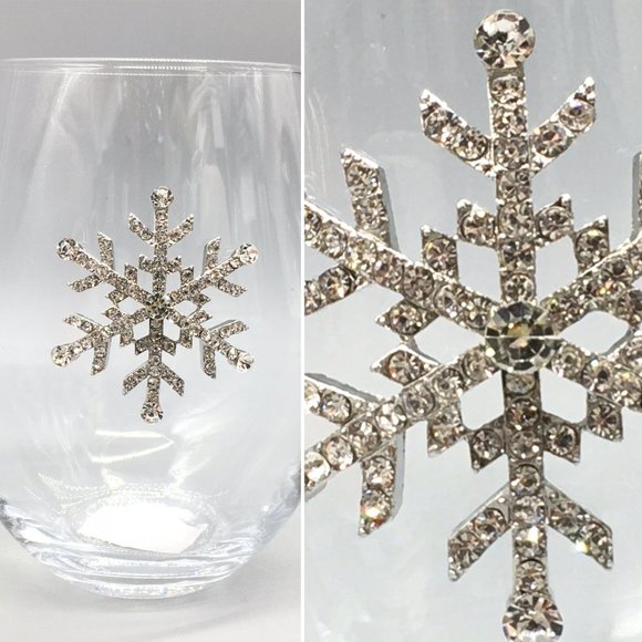 2 Jeweled Rhinestone Snowflake Stemless Wine Glass Set Silver Christmas Holidays - Picture 2 of 8